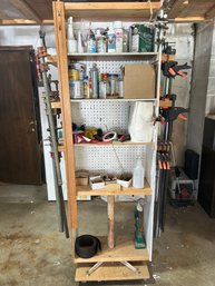 R0 Rolling Shelf With Paint, Aerosol, Wood Stain, Paper Towels, Lot Of Clamps, Rulers, Two Heat Guns, Hammers