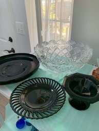 Art Deco Black Glass Plate, Crystal Glass Punch Bowl, Black Glass Serving Tray