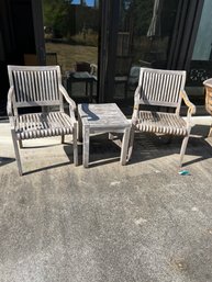 Two Wood Patio Chairs 34in X 24in X 21in  With Small Table 24in X 17in X 19in