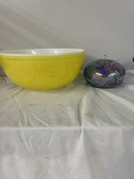 BNH Yellow Pyrex Bowl With Many Scratches, Mt Saint Helens Ash Glass Oil Burner