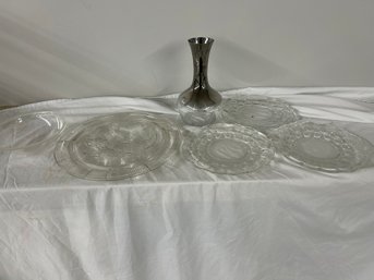 BNH Floral Glass Tray, Set Of Three Glass Plates, Silver Rimmed Ombre Decanter, Plastic Bowl