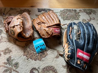 R2 Three Baseball Gloves And Softball. Regents, Rawlings, Wilson.
