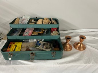 BNH Green Tool Box With Nuts, Bolts, And Screws, Picture Wire, Various Tools And Supplies, Two Copper Candle H