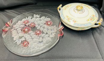 Noritake China Bowl And Pink And Clear Cakestand