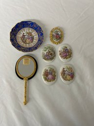 BNH Set Of Four Decorative Porcelain Cabs, Gold Mirror, Decorative Blue Ashtray, Gold Pin