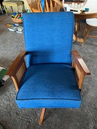 RM5 Midcentury Wooden And Fabric Swivel Rocking Chair With Rattan Arms