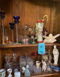 Japanese Figurines, Glassware, Candlestick Holders, Stein, And Glass Flowers.