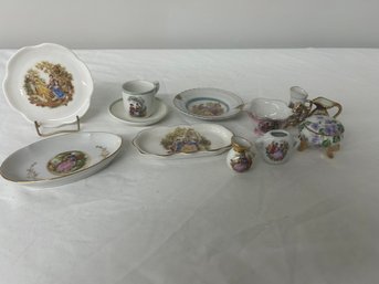 BNH Set Of Small Porcelain Decor, Two Small Porcelain Dishes, Two Porcelain Plates, One Display Holder