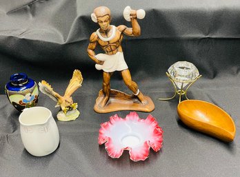 Vintage Hawaiian Hula Dancer, Franciscan Ware Pitcher, Glass Candle Holders, Vase, Wood Bowl