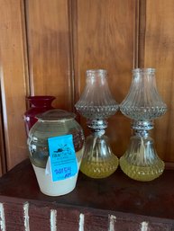 RM5 Two Matching Oil Lamps, Decorative Pot With Lid, Glass Vase
