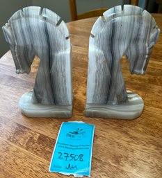 R6 Vintage Pair Of Hand Carved Onyx Horsehead Bookends