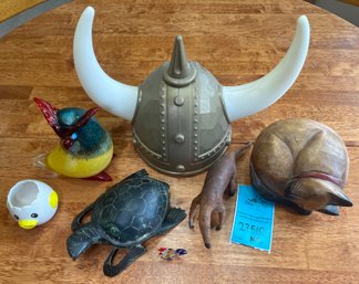 R6 Animal Figurines In Multiple Mediums And Plastic Viking Helmet