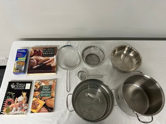 BNH Box Of Open Slow Cooker Liners, Three Bread Recipe Books, Pot Strainer With Lid, Three Various Colanders,