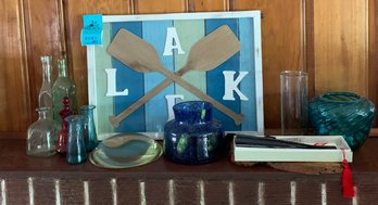 RM5 Decorative Lake Sign, Glass Vases, Small Decorative Wood Piece, Japanese Fan