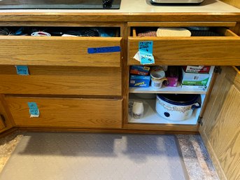 R3 Kitchen Three Drawers And Two Cabinet With Utensils, Towels, Crock Pot, Chopper, Canning Pot, Paper Goods,