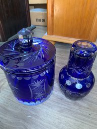 Vintage Cobalt Blue Bohemian Bedside Tumbler Vase With Cup, Cobalt Blue Bohemian Biscuit Jar