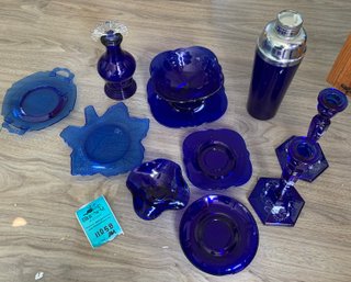 Set Of 2 Fenton Cobalt Blue Candlesticks, Assorted Blue Glassware