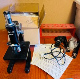 R7 Vintage Monolux Microscope With Used Slides And Attachments