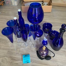 Vintage Cobalt Blue Perfume Bottle, Assorted Blue Glassware, Blue Glass Drink Flutes, Perfume Sprayer