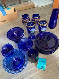 Set Of 2 Cobalt Blue Bohemian Wine Glasses, 2 Decorative Blue Glasses, Assorted Blue Glassware