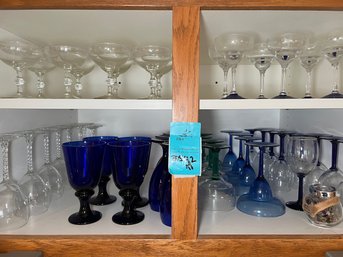 R3 Glass Stemware Collection. Blue Glass And Clear.  Wine, Margarita And Champagne