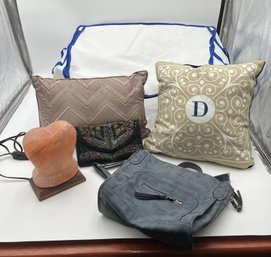 Lauren Alexandra Clutch Purse, Blue Leather Purse, Himalayan Heart Salt Lamp (frayed Cord), Two Throw Pillows