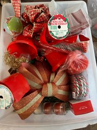 R4 Lot Of Musical Ornaments, Plastic Container Full Of Christmas Decor, Scented Candles, Ribbons