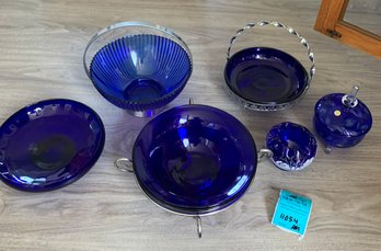 Fenton Ruffled Edge Blue Glass Rose Bowl (signed), Polish Blue Glass Dish With Lid, Ribbed Glass Bowl