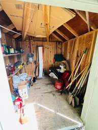 R00 Garden Tool Shed. Tools, Chainsaw, Polesaw, Spreaders, Gas Cans, Weedwacker, Weedkiller, Pick Axe, Shovels