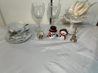 R4 Two Wine Glasses, White Dove Decor, 25th Anniversary Norcrest Cup And Plate, Snowman/Snowgirl