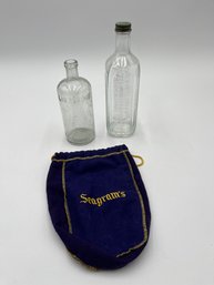 Vintage Dr. Peter Fahrney & Sons Old Time Preparation Bottle, Seagram's Cloth Bag, Lambert Listerine Bottle