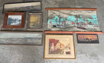 Seven Pieces Of Artworks Mostly Framed With One Fabric Wall Hanging