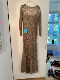 Designer Temperly London Full Length Gold Lace Gown With Low Back And Underslip  Size 8 US Size 12 UK.