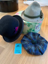 Three Hats, Beaver By Byrnie Utz Seattle, German Wool And Scottish Plaid Tam