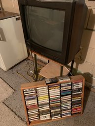 RM6 Curtis Mathes TV, Rolling Table Stand, Assorted Cassette Tapes, Wooden Cassette Tape Holder