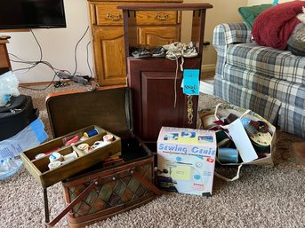 R8 Sewing Basket With Supplies,  Sewing Genie, Bag  Ribbon, Old Doll Shoes, Small Side Table With Drawer