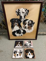 R11 Australian Shepherd Dog Painting Wall Art, Dalmatian Print, And Four Hand Painted Dog Tiles