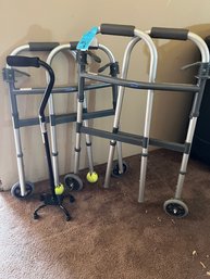 R13 Two Folding Walkers And One Four Footed Stable Cane