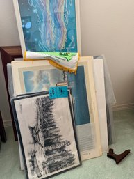 Assorted Artwork, Art Prints, 4 Bering Sea Originals On Placemats, Wooden Frame Holder