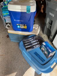 R0 Two Coolers, Bin Of Plastic And Paper Plates, Knife Set And Pint Glasses
