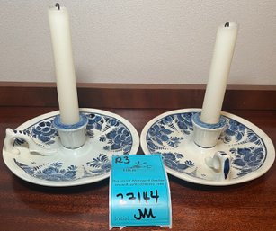 R3 Two Blauw Delpts Hand Painted Candlesticks With Candles