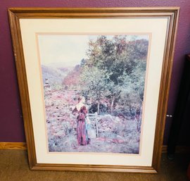 R5 Framed Lithograph, 'A Young Girl Standing Outside A Cottage Holding A Pail', Henry John Yeend King