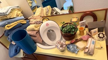 R8 Bathroom Lot With Towels, Shell Decor, Wrist Guard, Vintage Timer, And Curtains