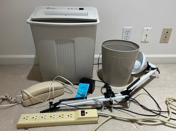 R5 Metal Waste Basket, Reticulating Desk Lamp, Push Button Phone, Fellows Shredder, Multi Plug Located Upstair
