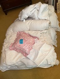R9 Two Down Comforters Size Double And Twin With Battenberg Duvets, Vintage Chenille Coverlet, Floral Pillow,