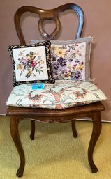R9 Vintage Wood Chair With Woven Seat, Down Seat Cushion, And Needlepoint Accent Pillows