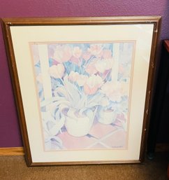 R5 Professionally Framed Lithograph, Tulips On A Terra Cotta, By Lori Quarton