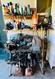 S4 Lot Of Garage Tools Workbench, Craftsmen Disc Sander, Makita Saw, Fuel Cans, Various Turnbuckles, Cables