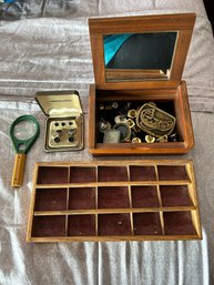R6 Wood Mirrored Jewelry Box With Pins And Shirt Studs And Jewelry Organizer Tray