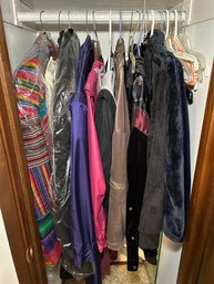 R4 Lot Of Scarves, Hat, Red Balaclava, Lot Of Coats, Rain Coats, And Jackets, Clothes Hangers